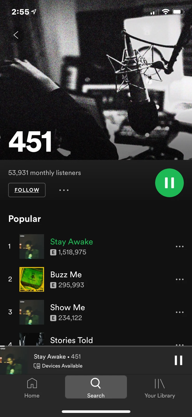 451 artist page on Spotify using the campaign photography.