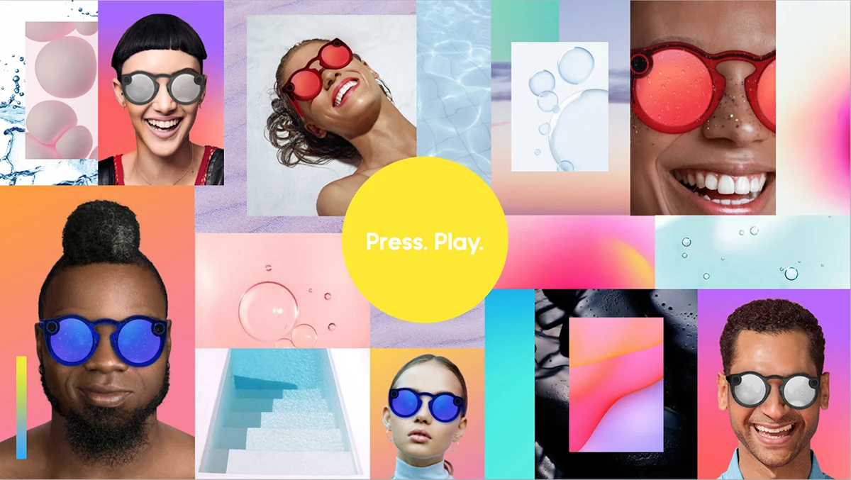 Colorful Spectacles campaign layout combining product details and portraits.