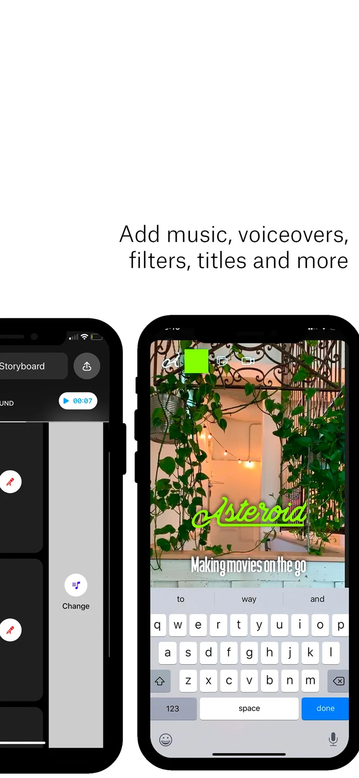 App Store panel showing music, voiceover, filter, and title tools.