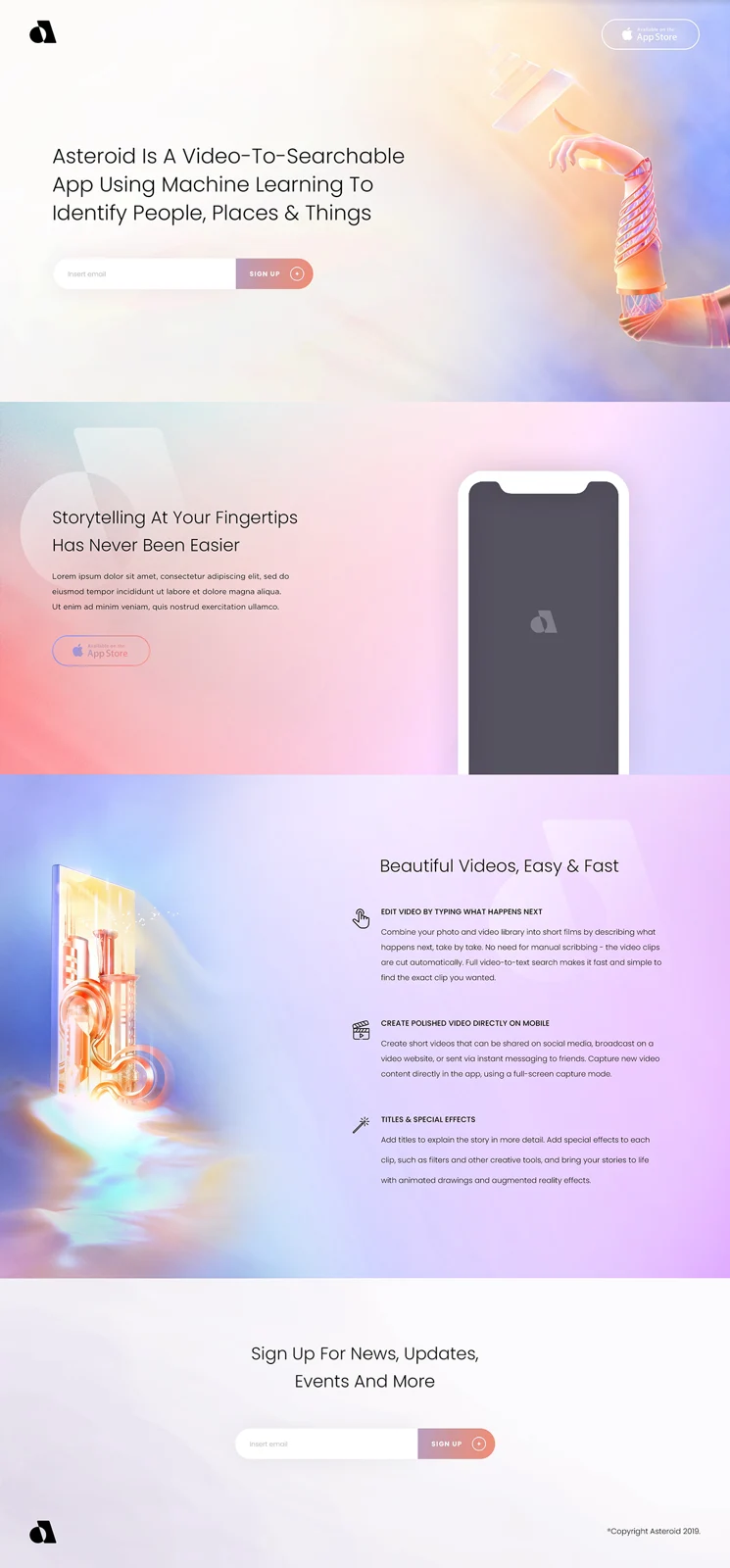 Desktop landing page for Asteroid Video with pastel gradients and phone mockups.