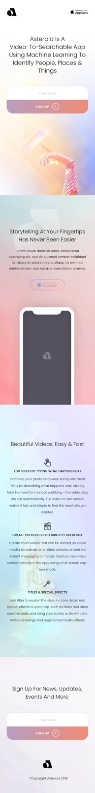 Mobile version of the Asteroid Video landing page.
