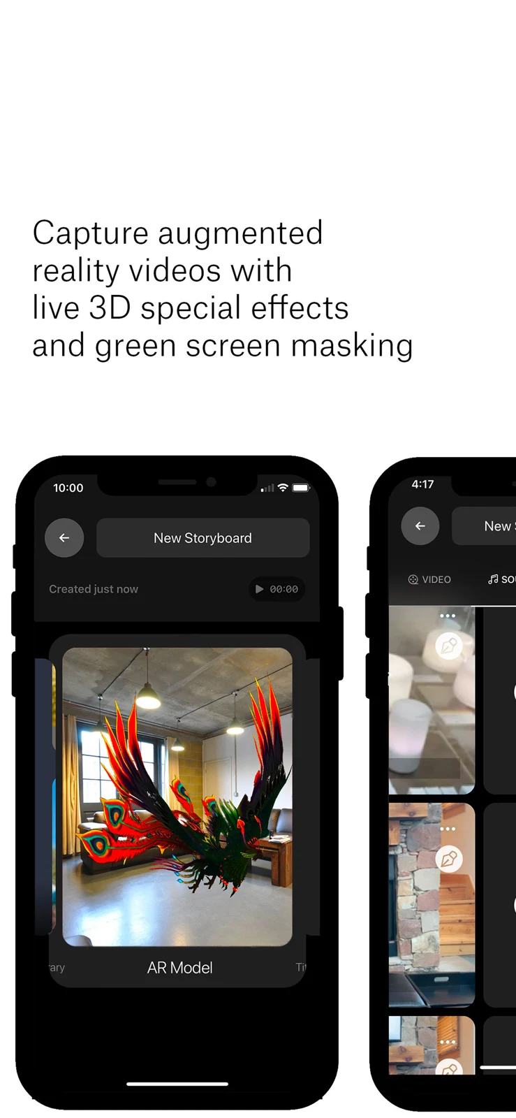 App Store panel demonstrating augmented-reality effects and green-screen masking.
