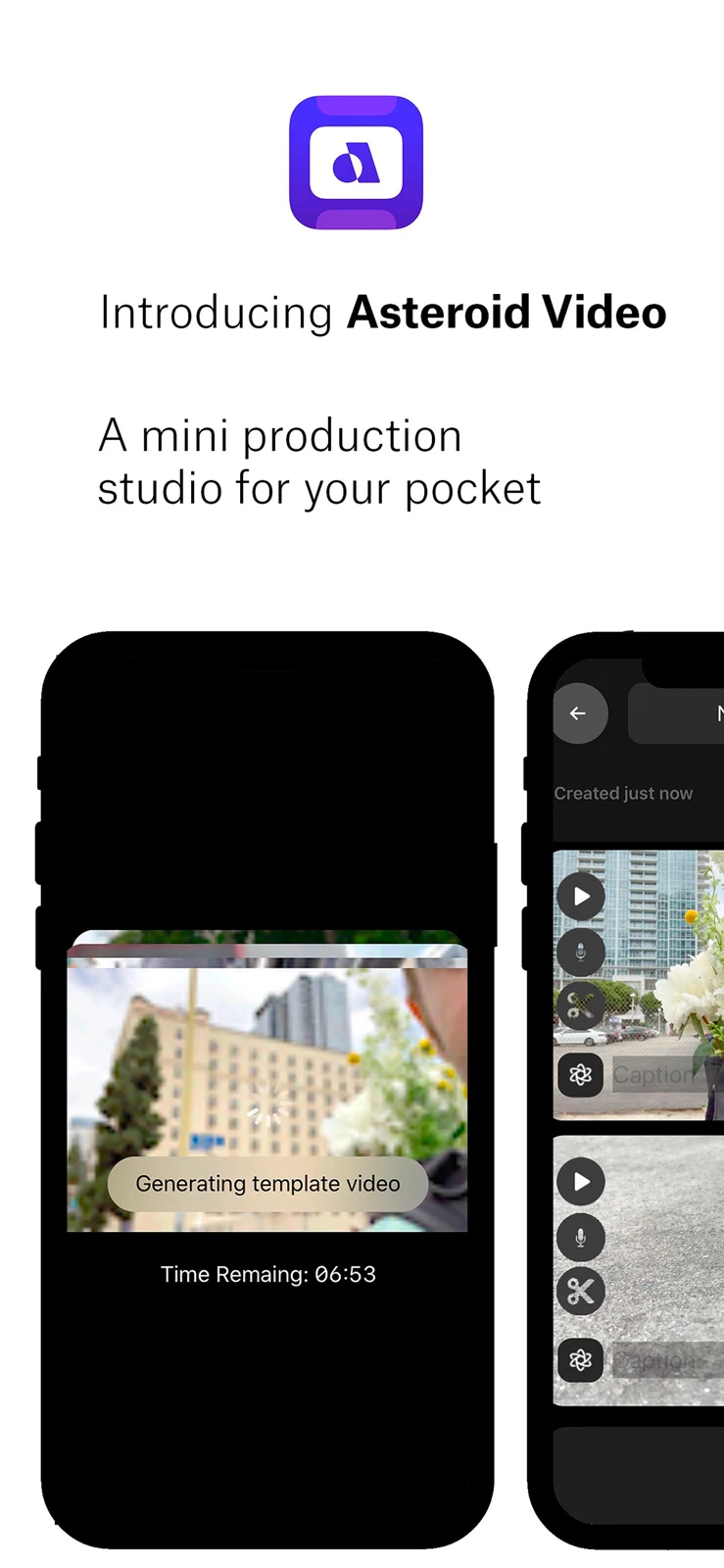 App Store panel introducing Asteroid Video as a pocket production studio.