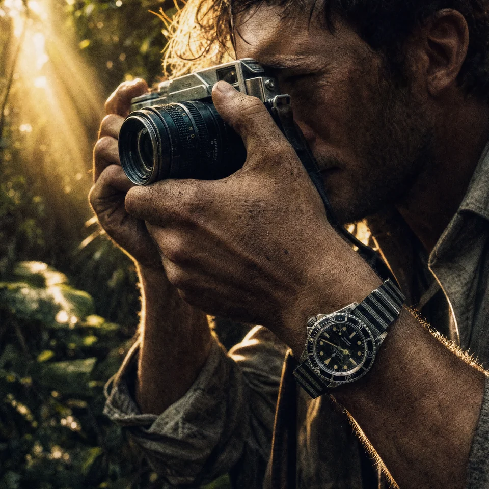 AI-generated photographer wearing a Submariner while working with a film camera.