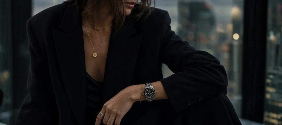 AI-generated fashion portrait of a woman wearing a Submariner with black tailoring.