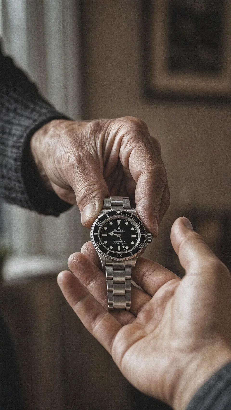 AI-generated scene of a watch being passed from an older hand to a younger one.