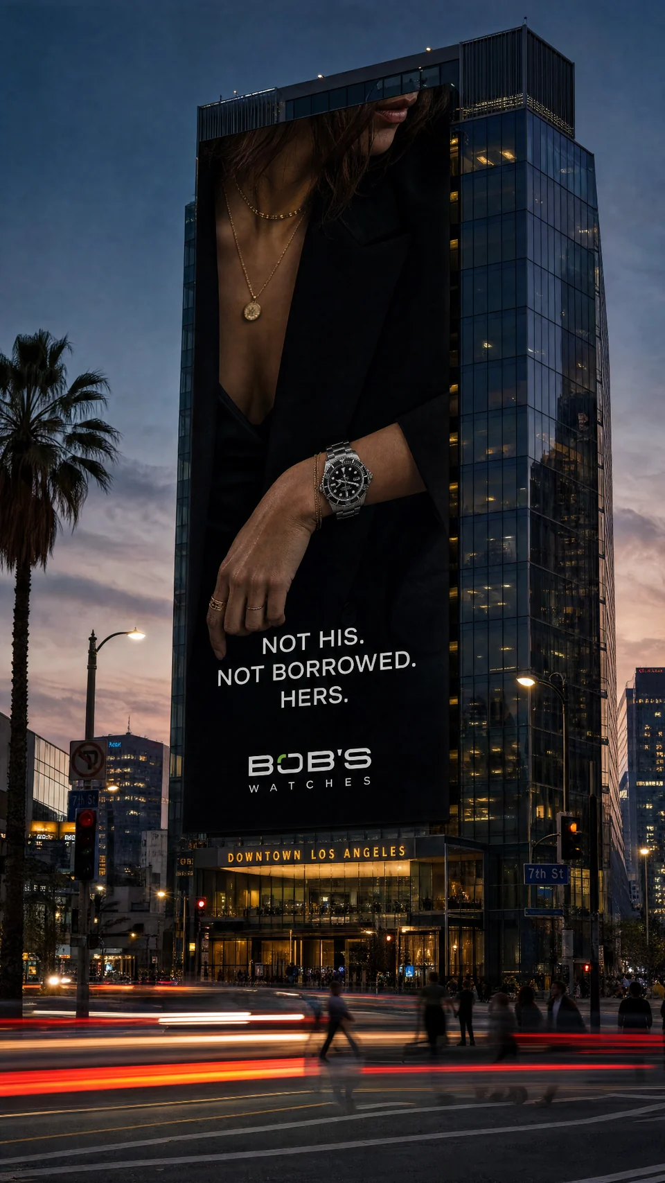 Speculative Los Angeles billboard mockup: Not his. Not borrowed. Hers.