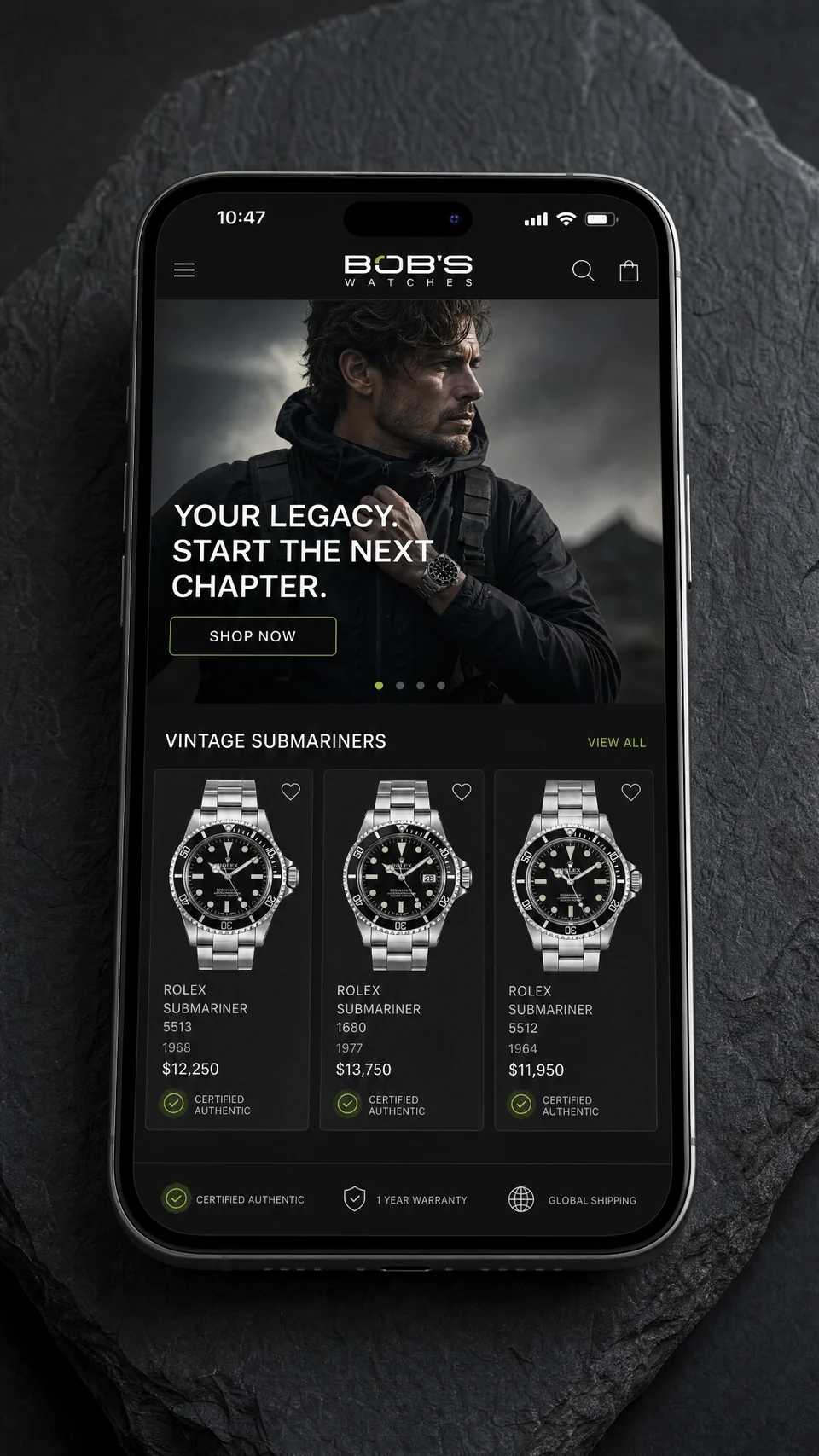 Speculative Bob’s Watches mobile shopping screen with campaign imagery and sample product listings.