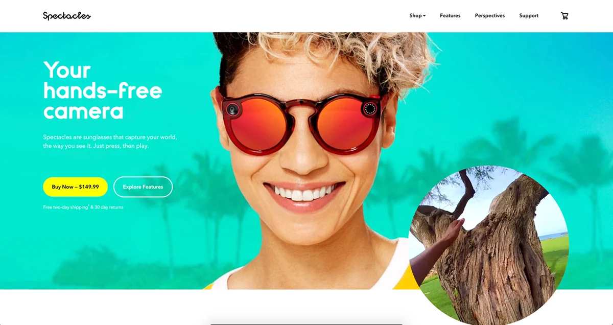 Spectacles landing page featuring a portrait and hands-free-camera headline.