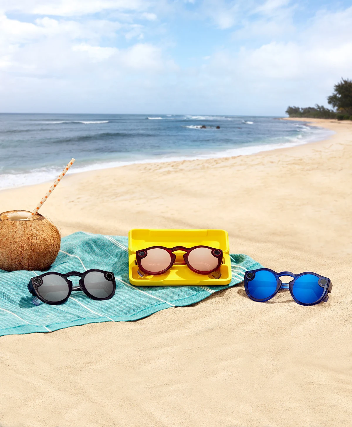Three Spectacles colorways and their case arranged beside the ocean.