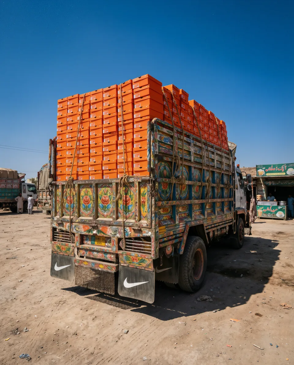 AI-generated image: A painted cargo truck stacked high with orange sneaker boxes.