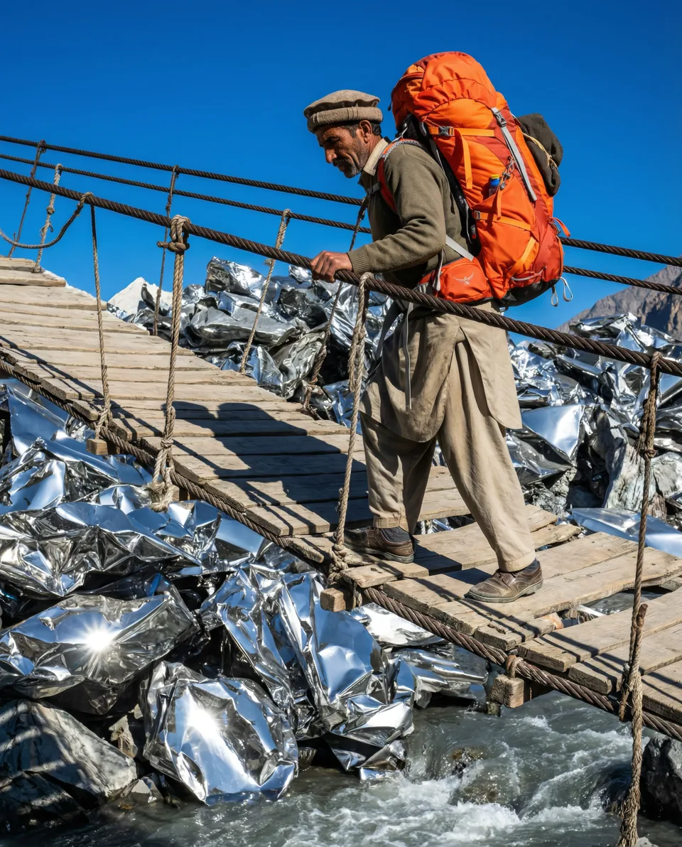 AI-generated image: A mountain traveller crossing a rope bridge above a metallic landscape.