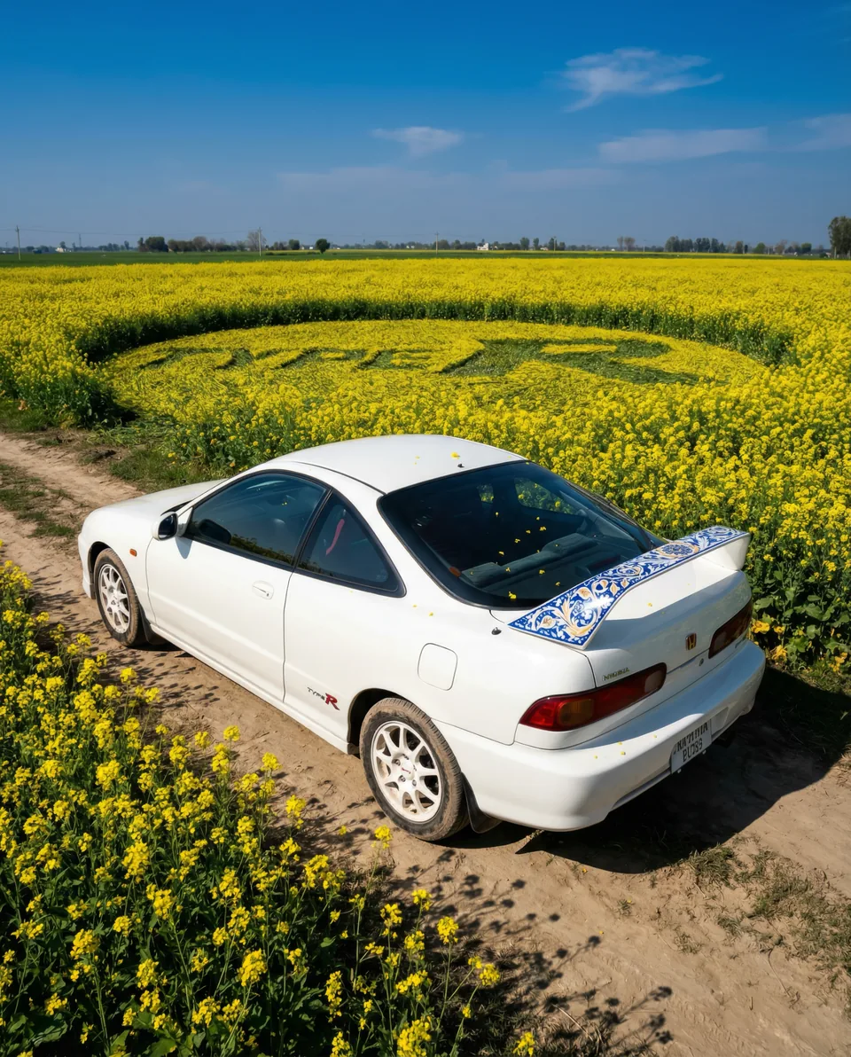 AI-generated image: A white coupe with a blue-and-white patterned spoiler beside yellow fields.