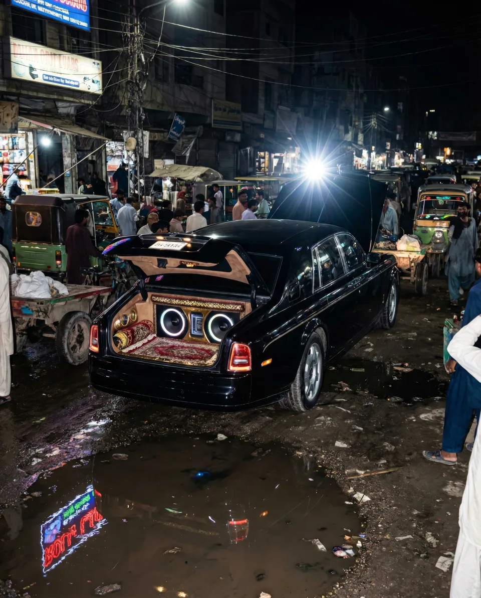 AI-generated image: A luxury car with a carpet-lined sound system in a busy night market.