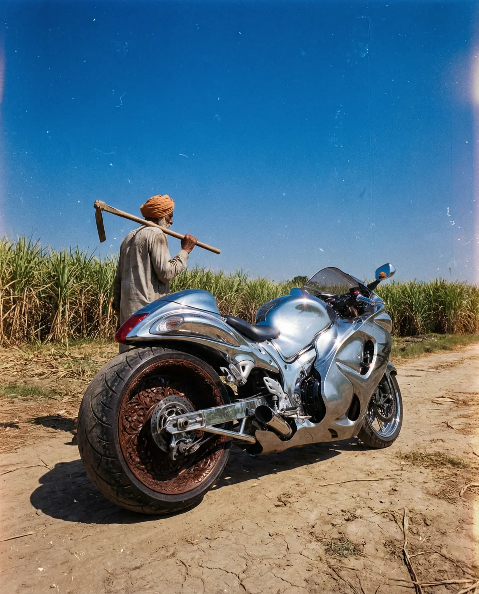 AI-generated image: A sculptural chrome motorcycle beside a farmer and a field.