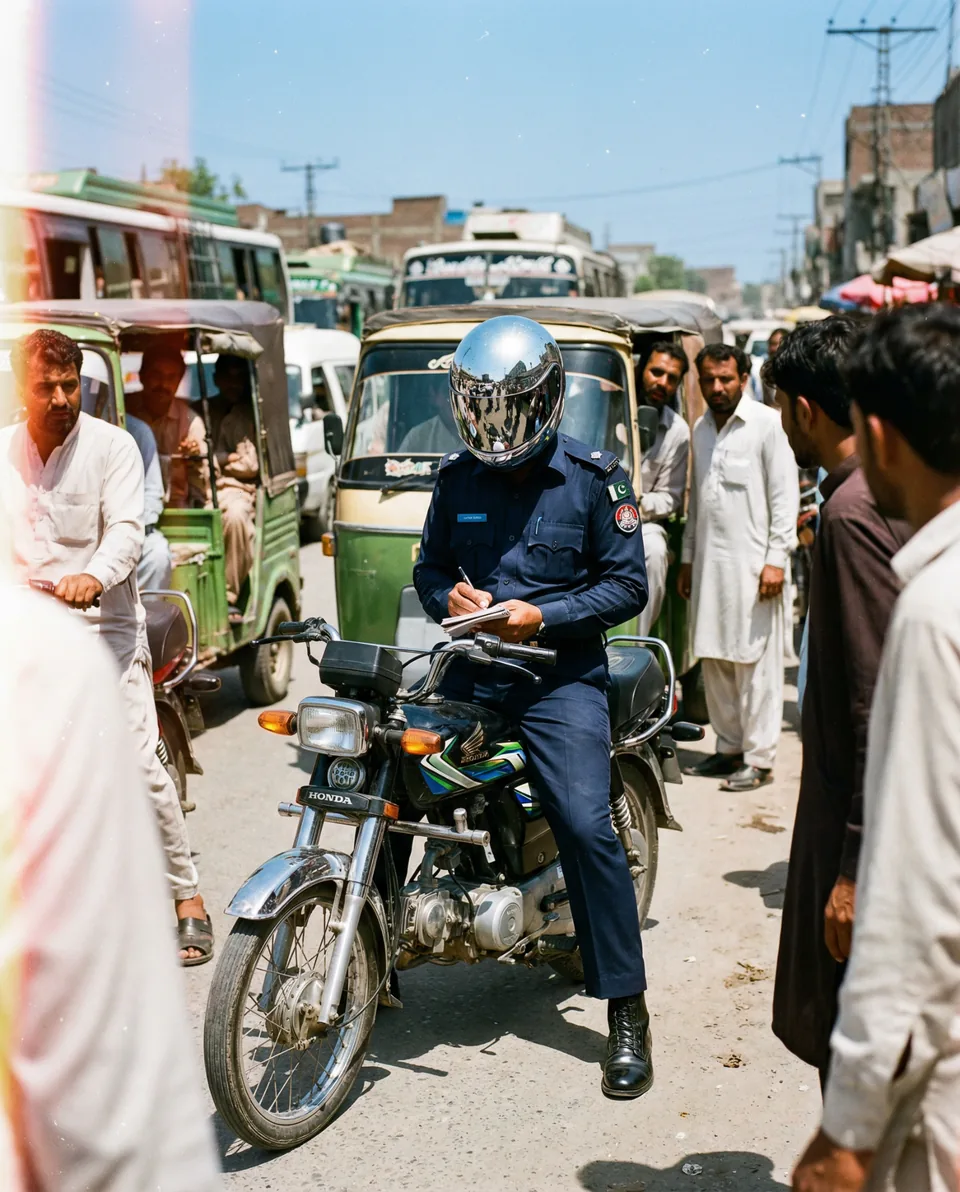 AI-generated image: A rider in a mirrored helmet and navy vest amid street traffic.