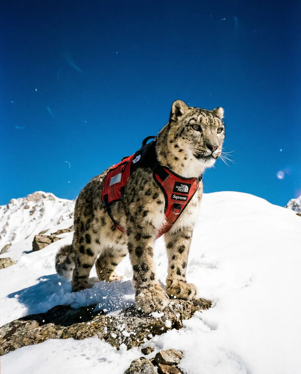 AI-generated image: A snow leopard wearing a red technical vest on a snowy ridge.