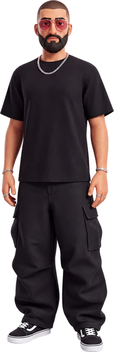 Stylized avatar of Faiz wearing rose-tinted glasses, a black T-shirt, and black cargo pants.
