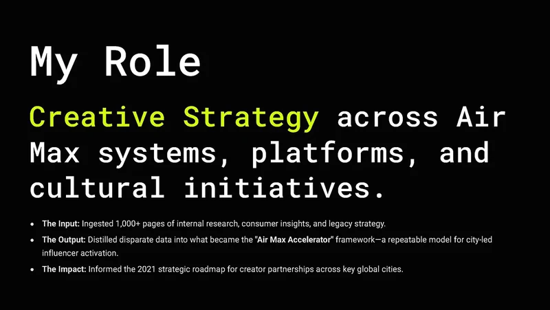 Presentation slide outlining the creative strategy role.