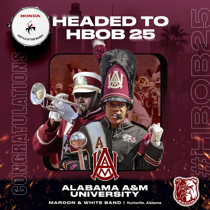Alabama A&M University band announcement in maroon.