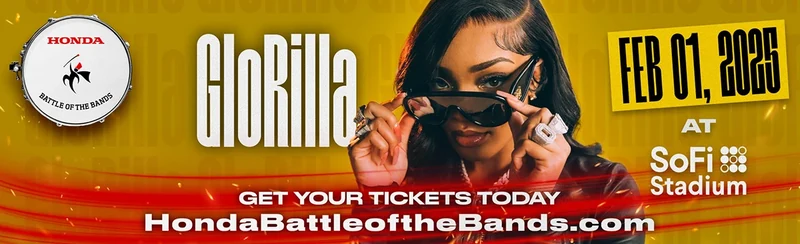GloRilla performance announcement banner for Honda Battle of the Bands at SoFi Stadium.