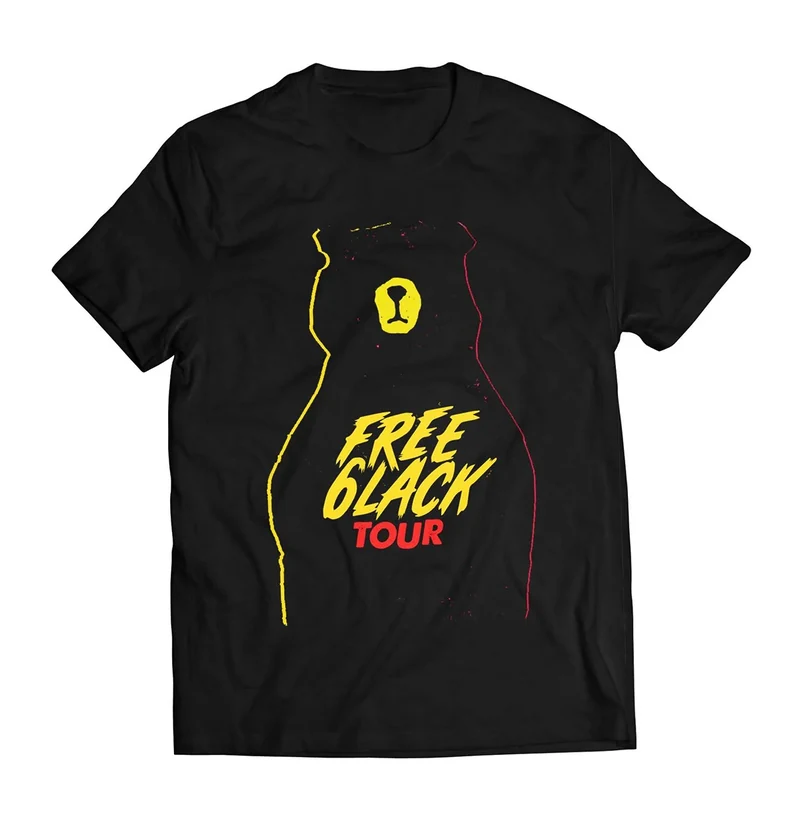 Black tee mockup with a bear silhouette and yellow FREE 6LACK lettering.
