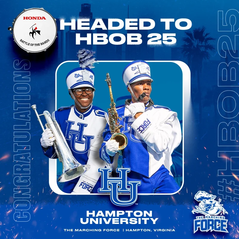 Hampton University band announcement in blue and white.