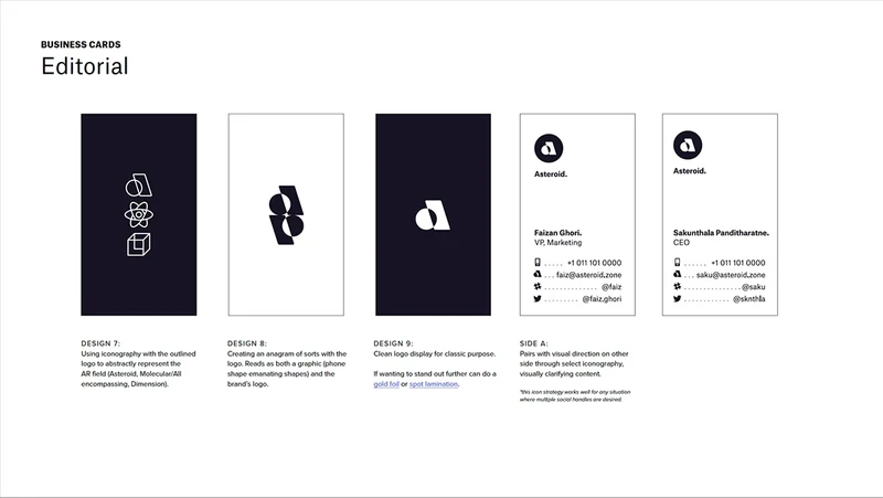 Editorial identity direction with dark stationery and outlined symbols.