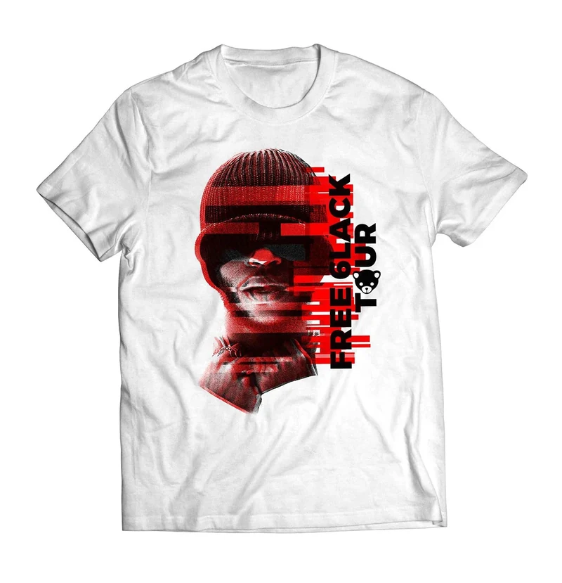 White tee mockup with a distorted portrait and red tour lettering.