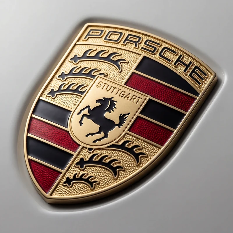 AI-generated close-up of the Porsche crest on white bodywork.