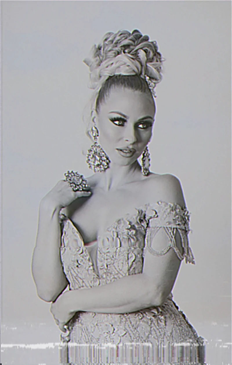 Monochrome beauty portrait with an analog-video texture across the frame.