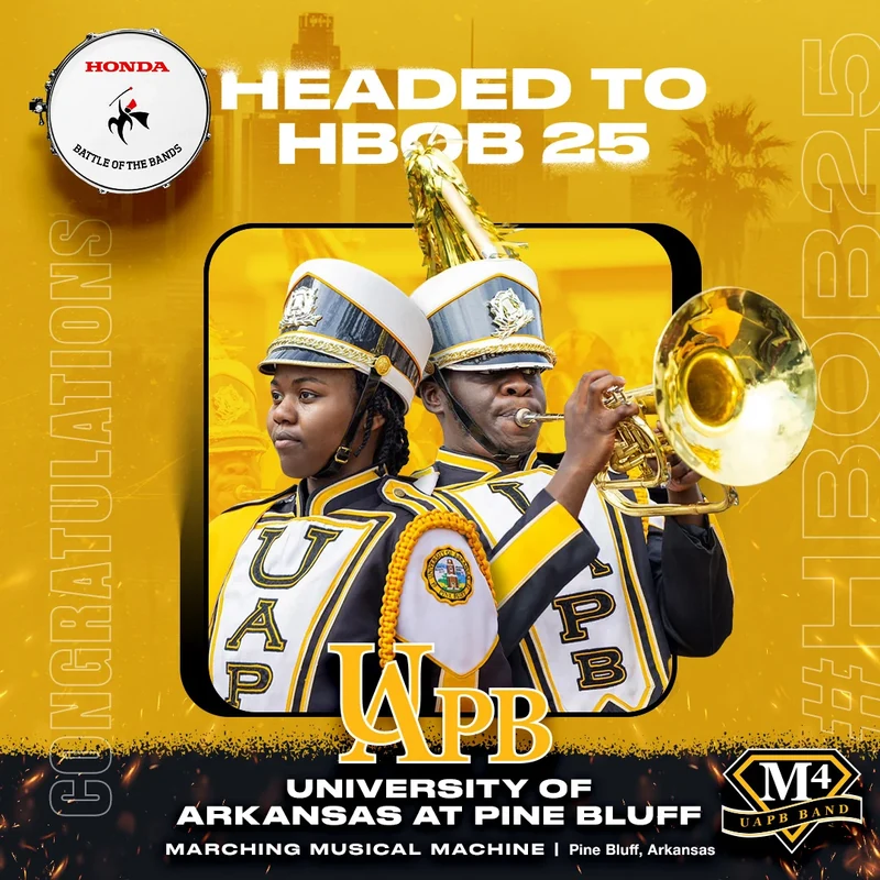 University of Arkansas at Pine Bluff band announcement in gold.