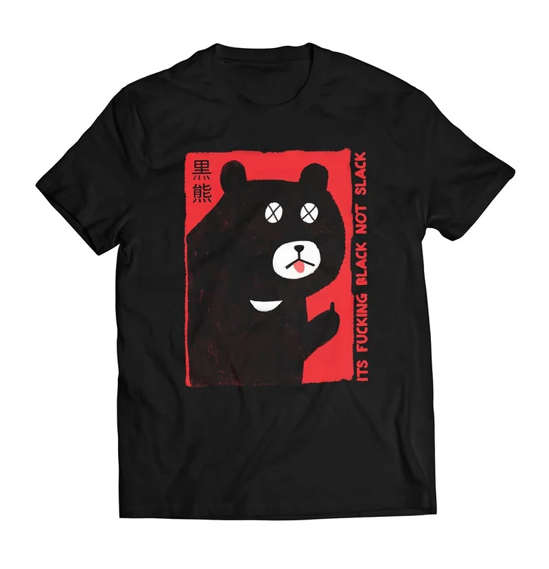 Black tee mockup with a red bear graphic and Japanese lettering.