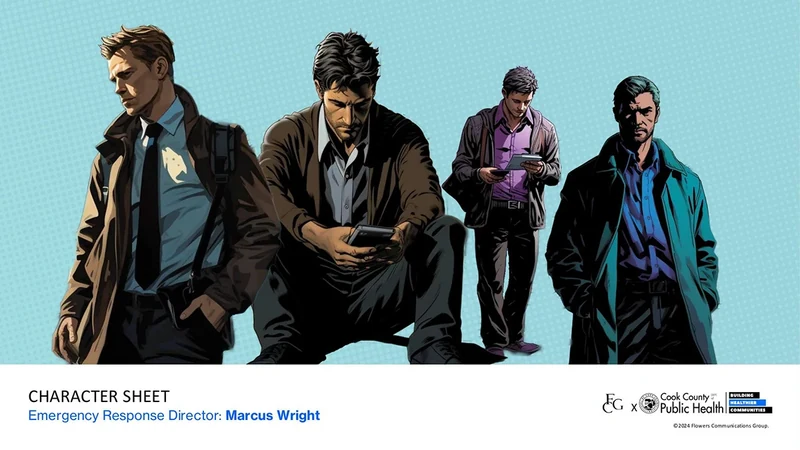 Public Health Heroes League development deck: Marcus Wright · visual character explorations