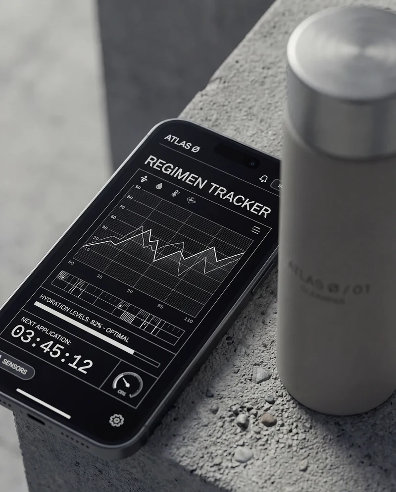 AI-generated regimen-tracker phone interface beside an ATLAS Ø bottle.