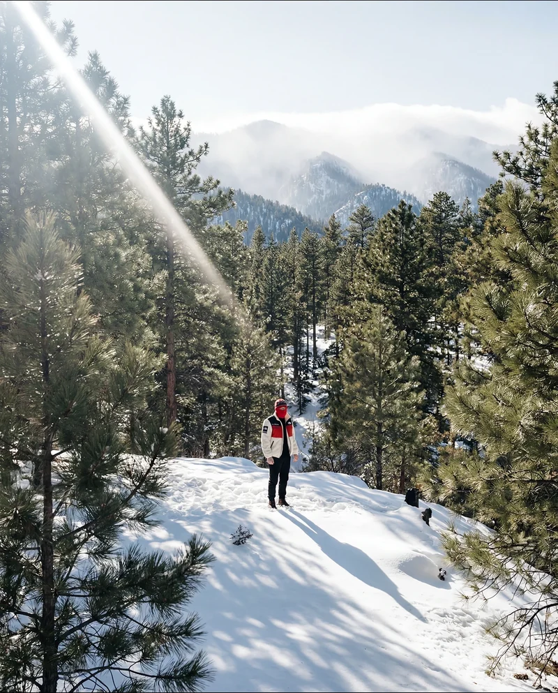 Wide view of the model among pines on a snowy mountain trail.