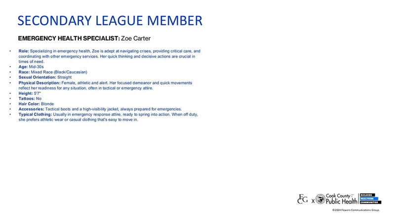 Public Health Heroes League development deck: Emergency health specialist · written character profile
