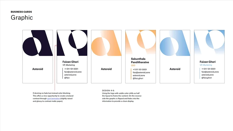 Graphic identity direction with variations of the Asteroid symbol.