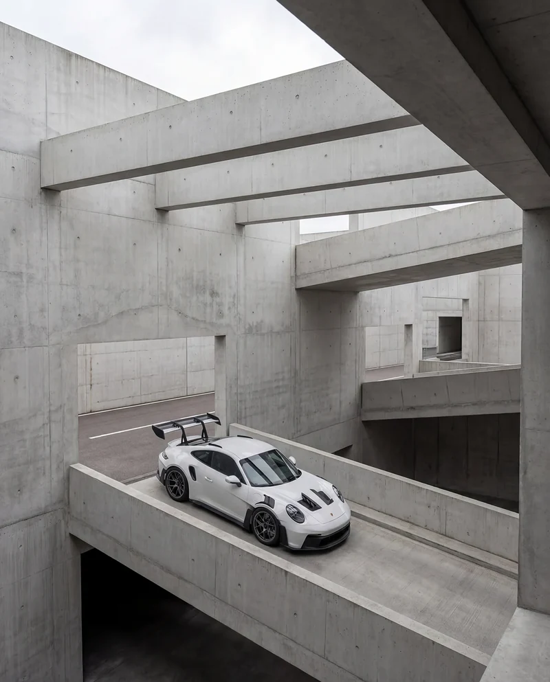 AI-generated GT3 RS on a ramp inside a concrete building.