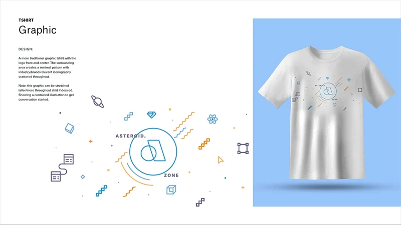 Graphic merchandise concept with an orbital illustration on a white tee.