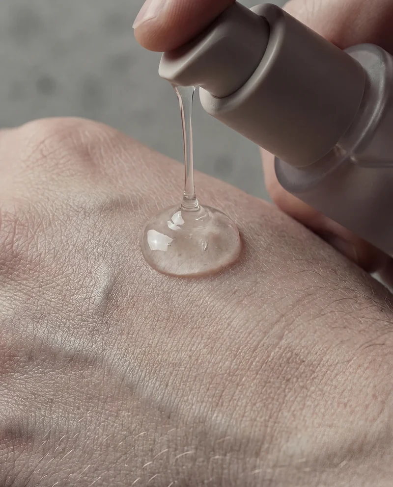 AI-generated close-up of clear serum being dispensed onto a hand.