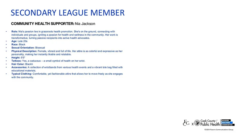 Public Health Heroes League development deck: Community health supporter · written character profile