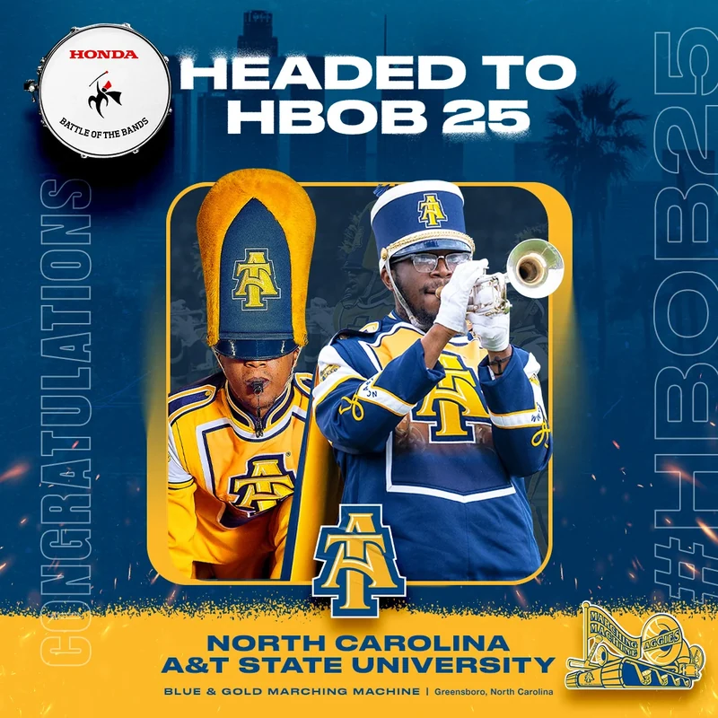 North Carolina A&T State University band announcement in blue and gold.
