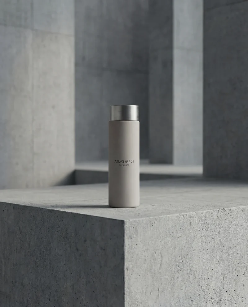 AI-generated ATLAS Ø bottle on a concrete architectural ledge.