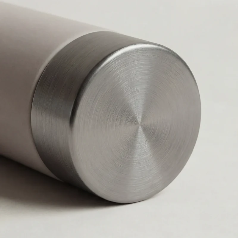 AI-generated close-up of a brushed-metal cap on an ATLAS Ø bottle.