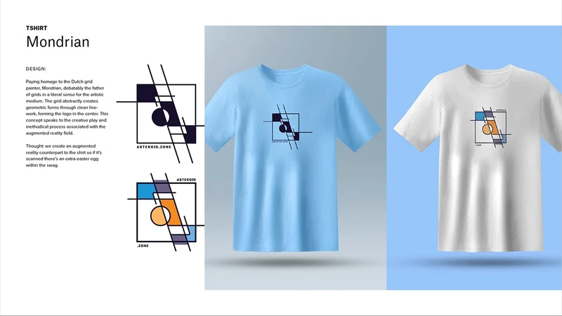 Mondrian merchandise concept with geometric tee graphics.