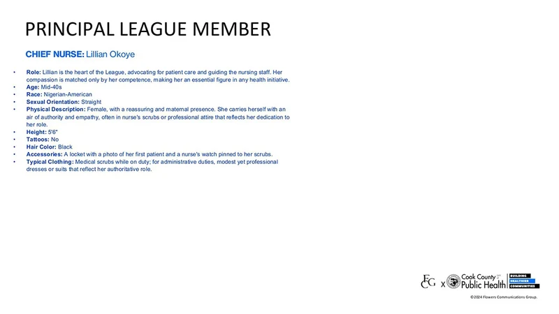 Public Health Heroes League development deck: Lillian Okoye · written character profile