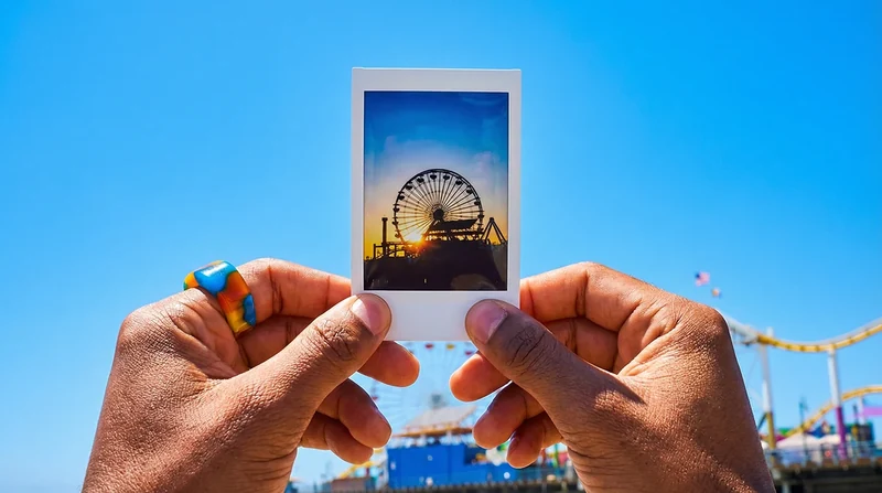 Hands holding an instant photograph in front of a Ferris wheel.