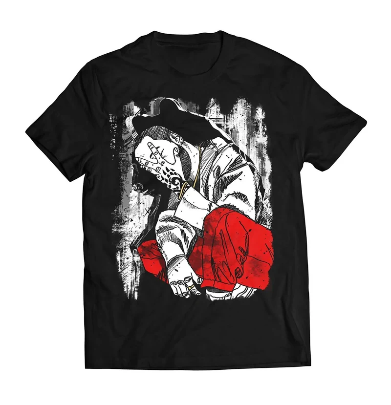Black tee mockup with a monochrome illustrated figure and red accent.