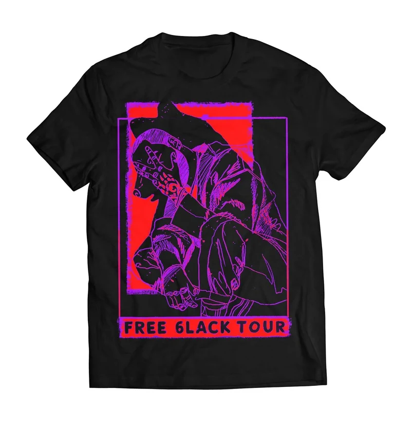 Black tee mockup with a purple and red illustrated tour graphic.